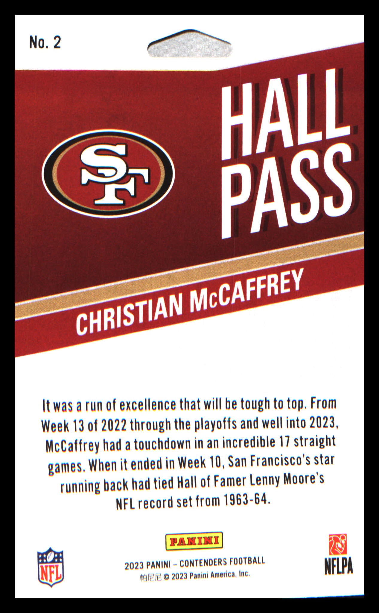 2023 Panini Contenders Hall Pass #2 Christian McCaffrey