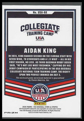 Aidan King 2026 Panini Prizm USA Stars & Stripes Silver Relic #USA-AK GAME WORN