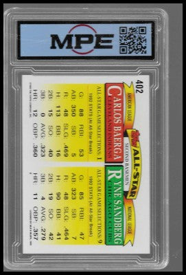 1993 Topps #402 Ryne Sandberg / Carlos Baerga AS MPE 9 Mint Graded Cubs Indians