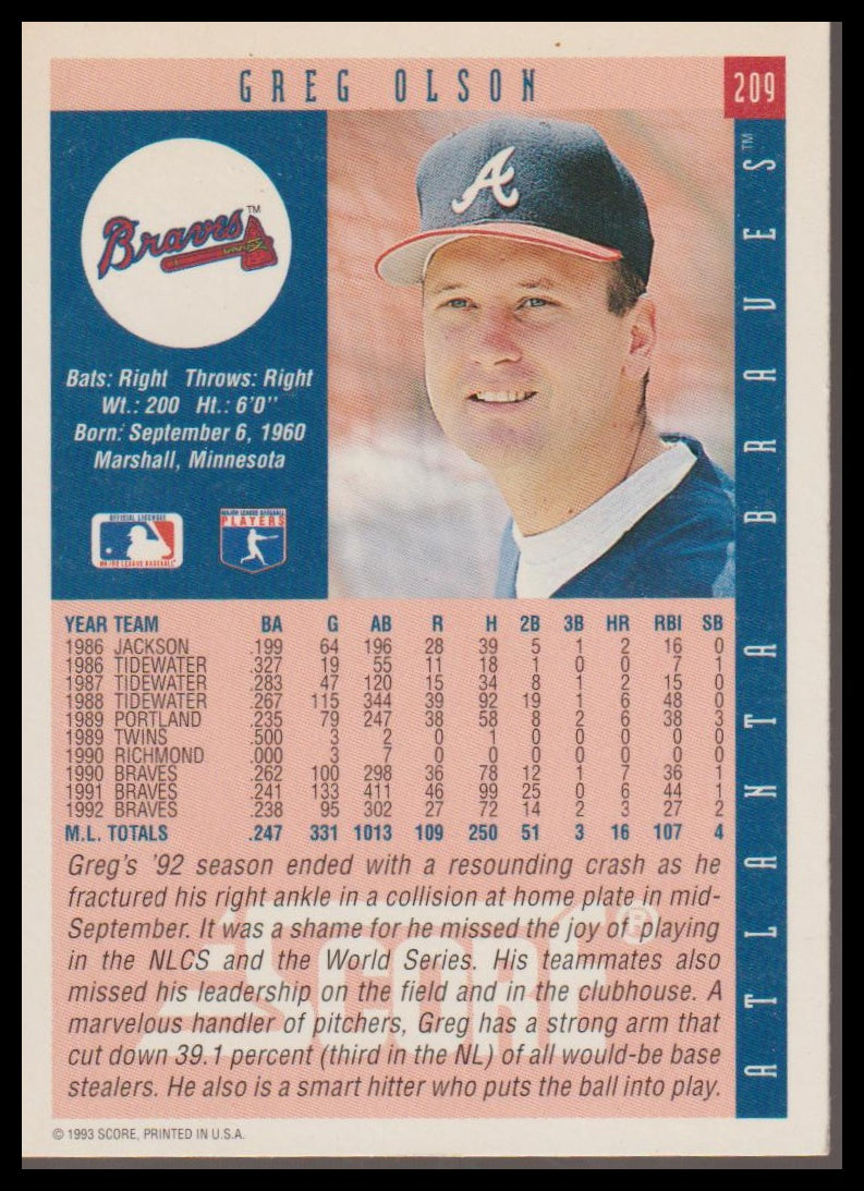 1993 Score #209 Greg Olson