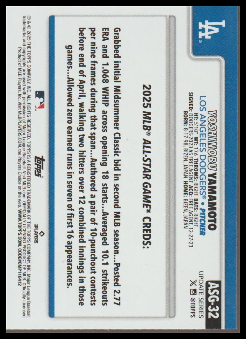 2025 Topps Update #ASG-32 Yoshinobu Yamamoto 2025 All-Star Game