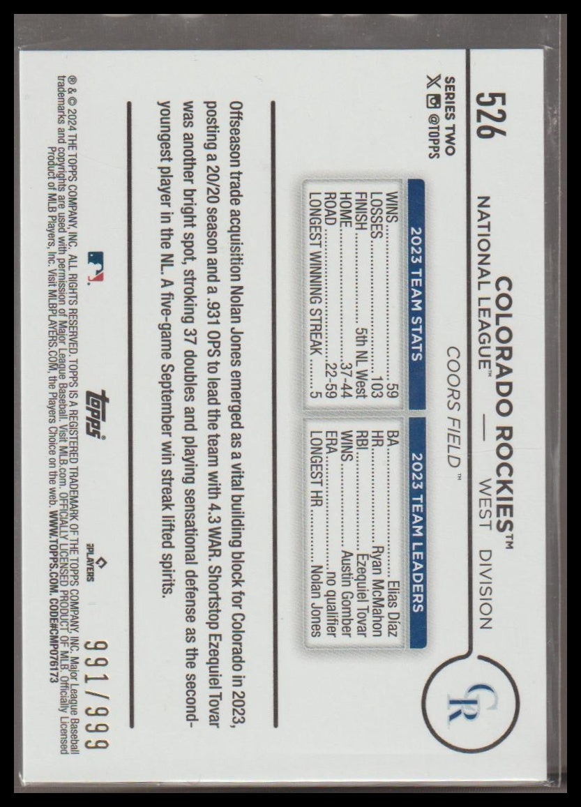 2024 Topps #526 Colorado Rockies Blue Holofoil #/999