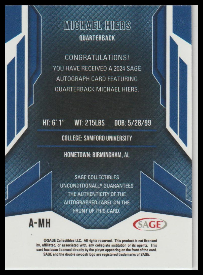 2024 SAGE HIT #A-MH Michael Hiers Autographs Red (Low Series)