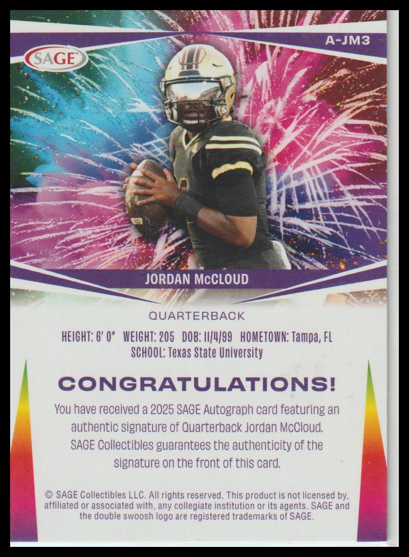 2025 SAGE HIT #A-JM3 Jordan McCloud Autographs Red (Low Series)