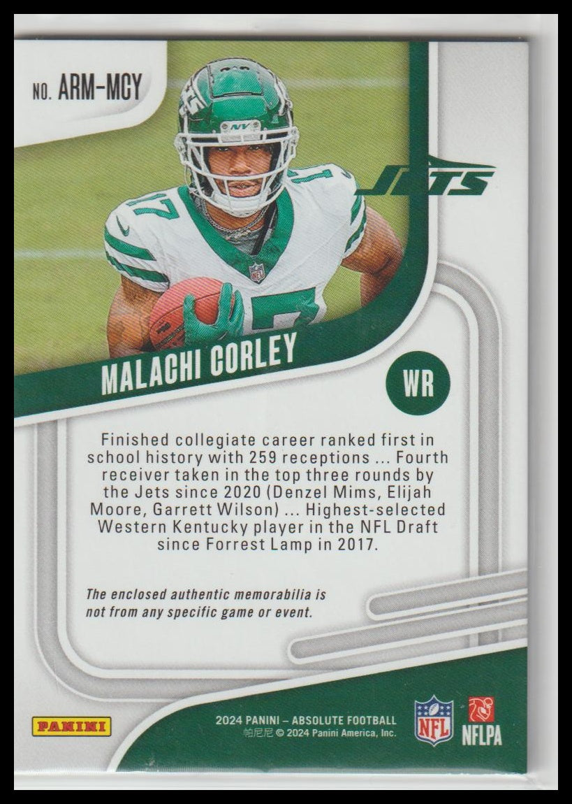 2024 Panini Absolute #ARM-MCY Malachi Corley Absolute Rookie Materials