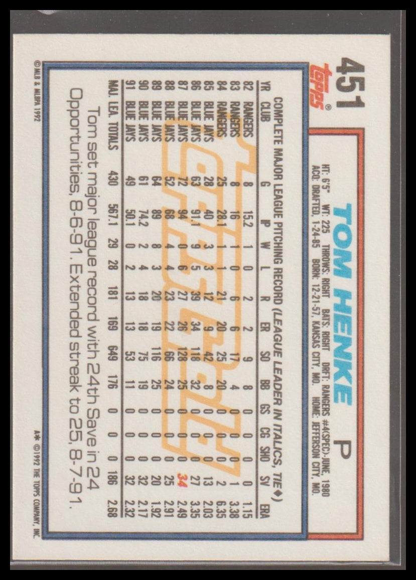 1992 Topps #451 Tom Henke Gold Winners