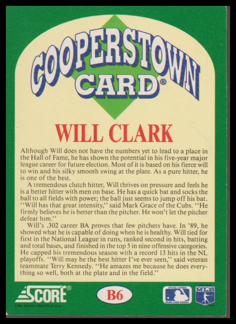 1991 Score #B6 Will Clark Cooperstown
