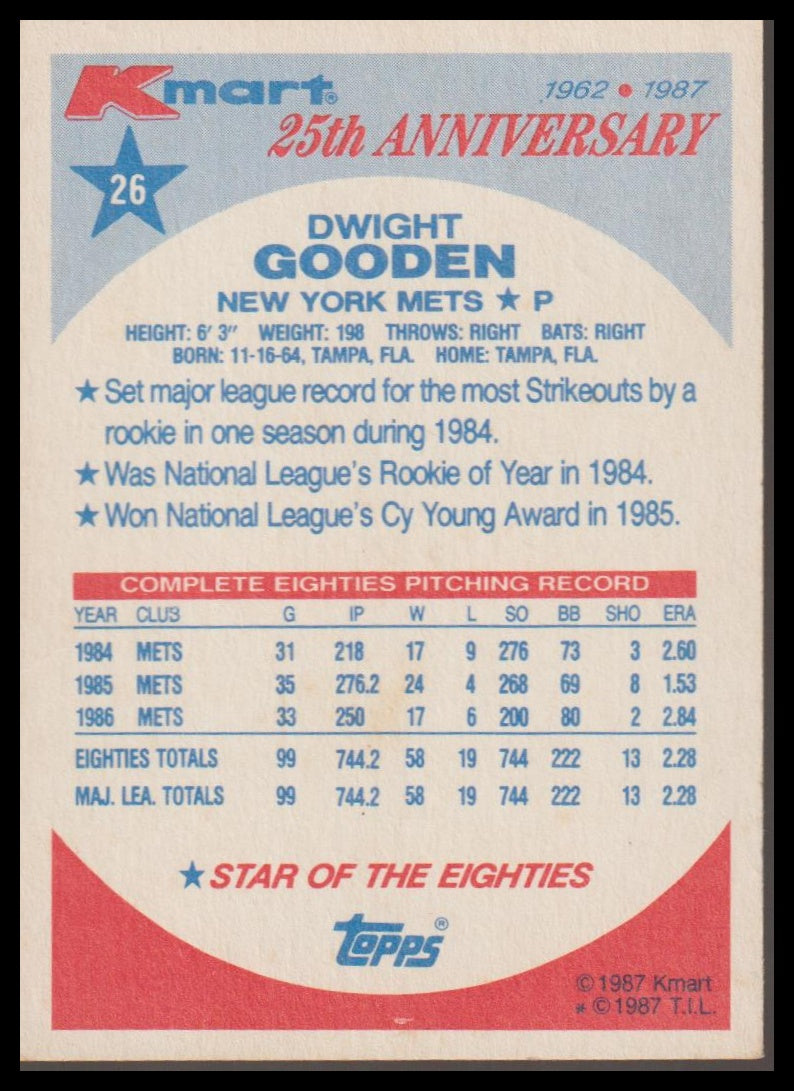 1987 Topps Kmart 25th Anvy Baseball's Stars of the Decades #26 Dwight Gooden