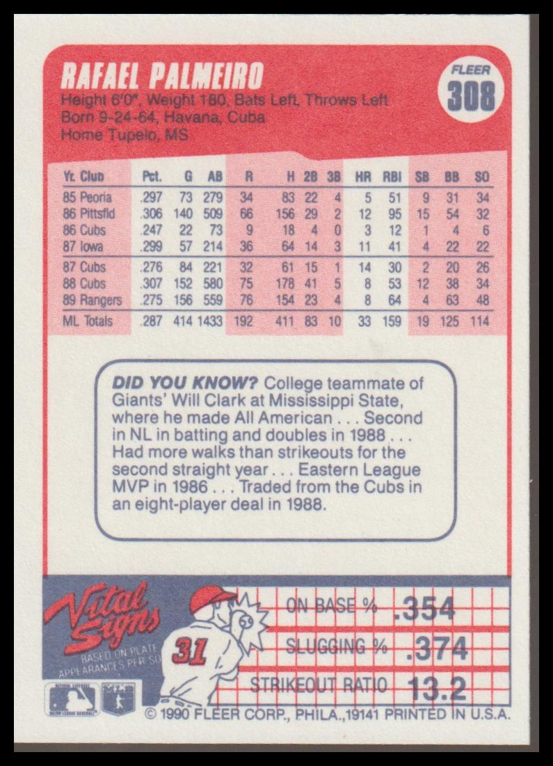 1990 Fleer Canadian #308 Rafael Palmeiro