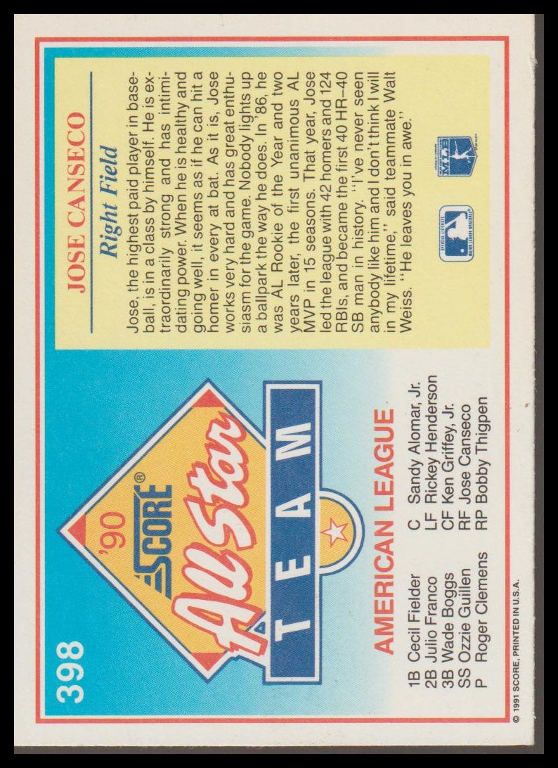 1991 Score #398 Jose Canseco