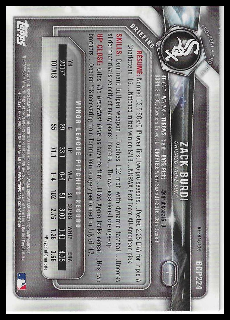 2018 Bowman Chrome #BCP224 Zack Burdi Prospects Refractor #/499