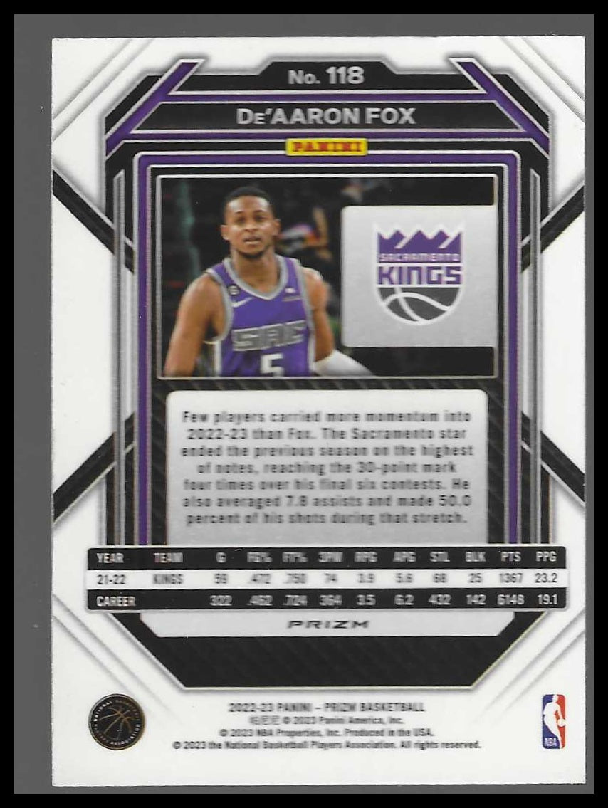 2022-23 Panini Prizm #118 De'Aaron Fox Prizms Silver
