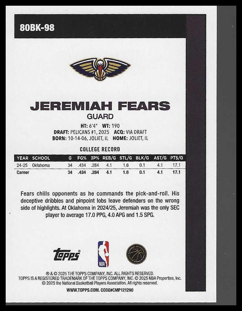 2025-26 Topps #80BK-98 Jeremiah Fears 1980-81 Topps Basketball