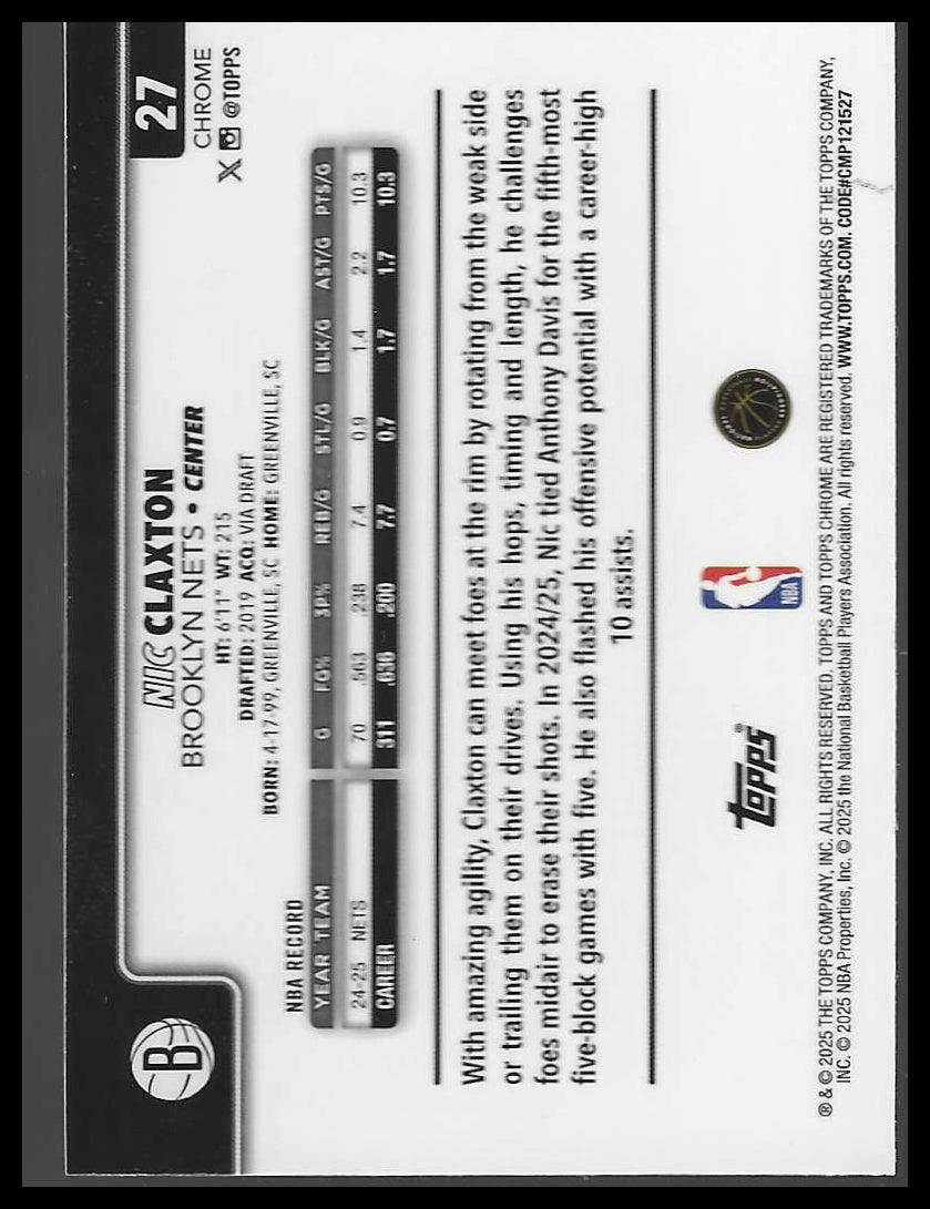 2025-26 Topps Chrome #27 Nic Claxton