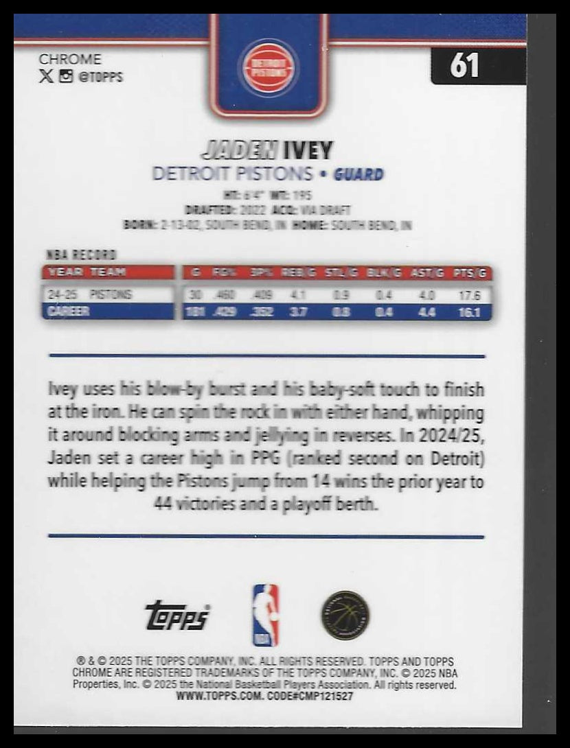 2025-26 Topps Chrome #61 Jaden Ivey
