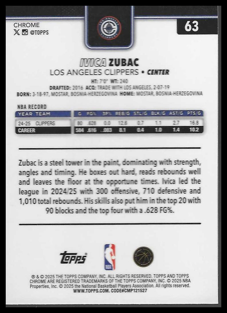 2025-26 Topps Chrome #63 Ivica Zubac
