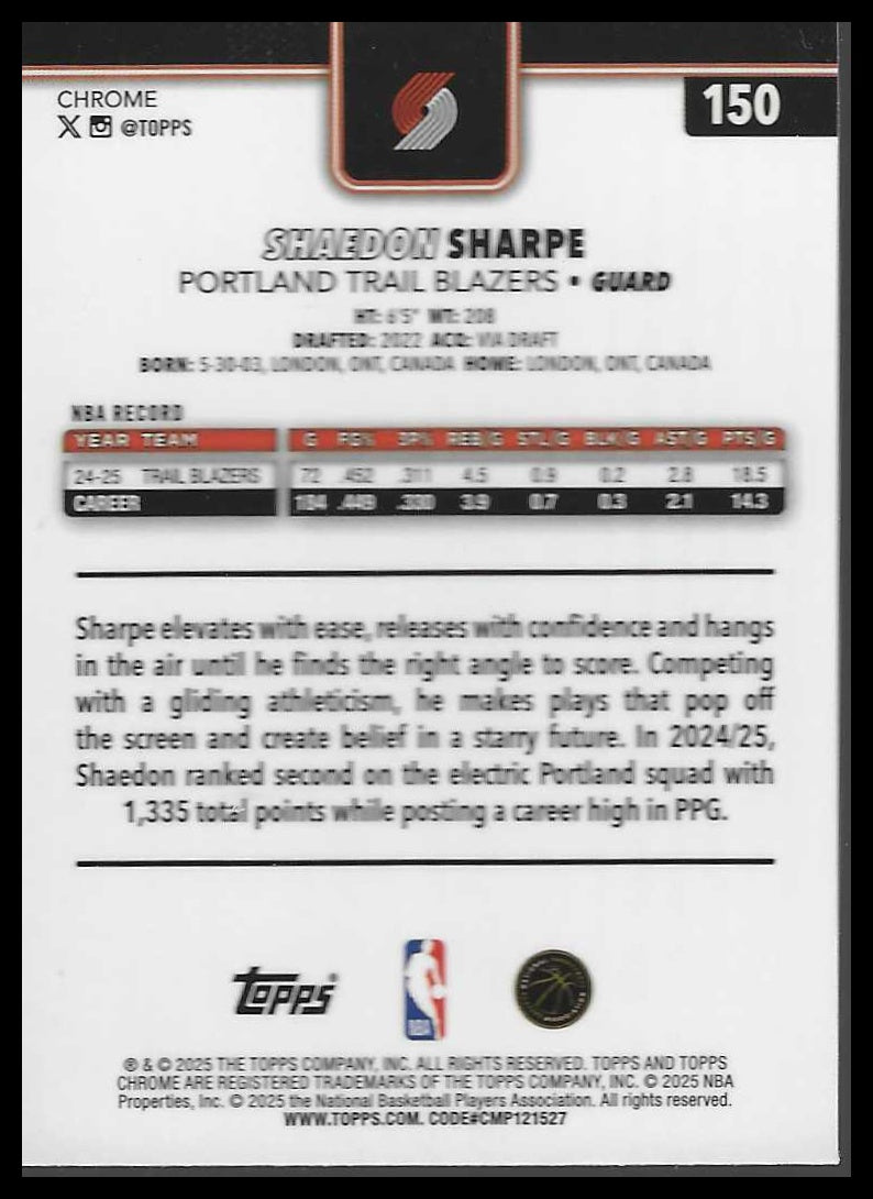 2025-26 Topps Chrome #150 Shaedon Sharpe