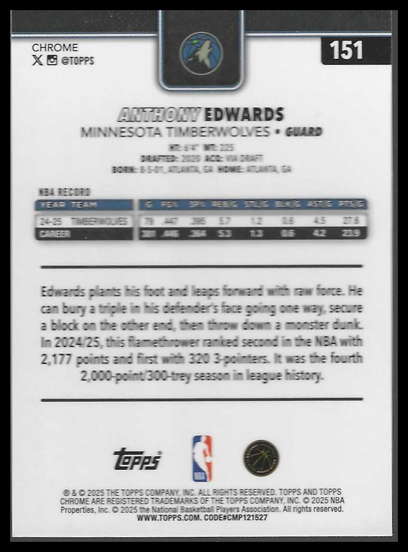 2025-26 Topps Chrome #151 Anthony Edwards