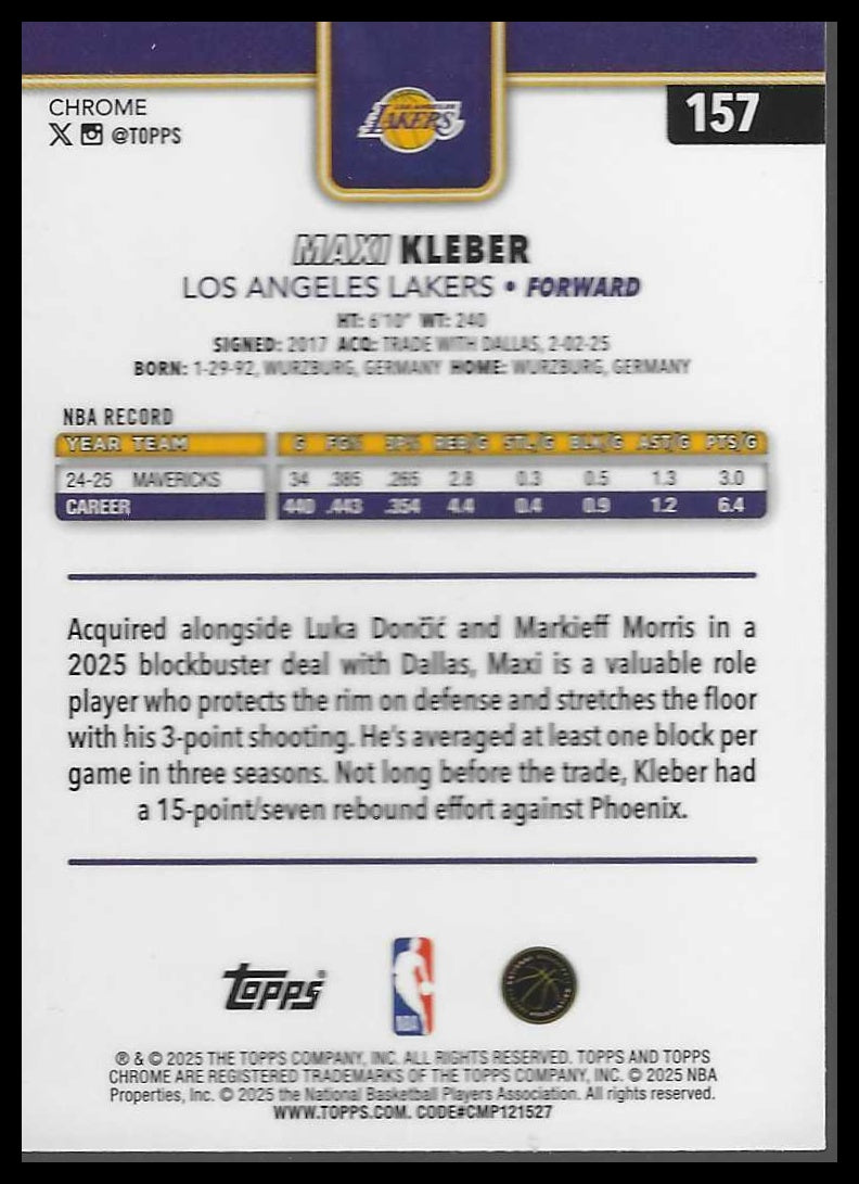 2025-26 Topps Chrome #157 Maxi Kleber