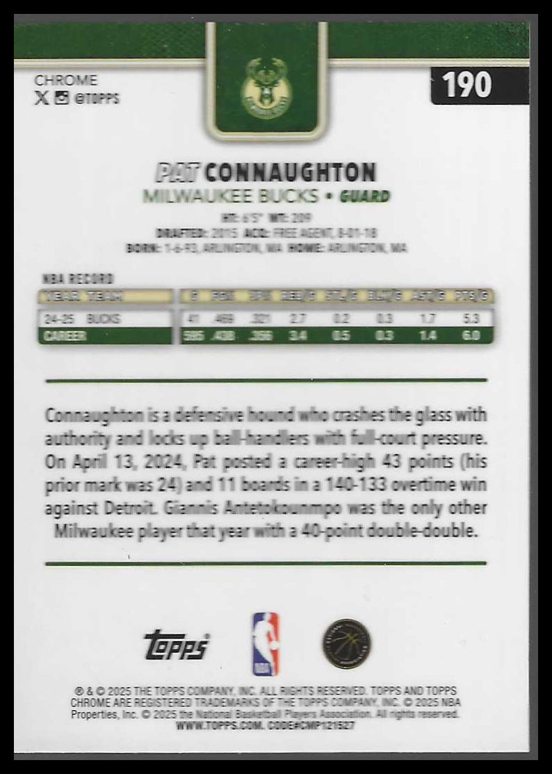 2025-26 Topps Chrome #190 Pat Connaughton