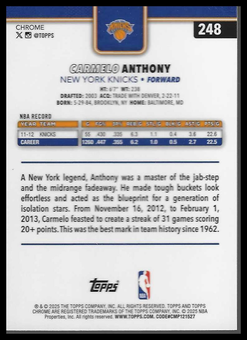 2025-26 Topps Chrome #248 Carmelo Anthony