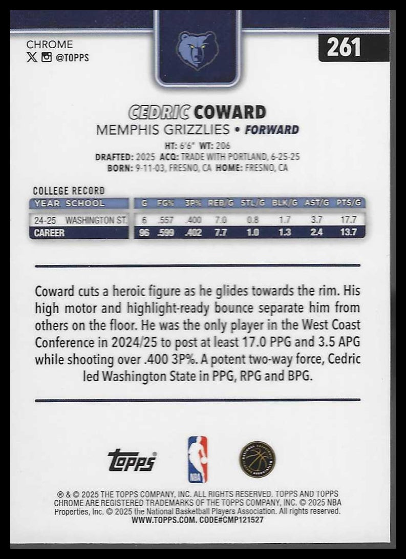 2025-26 Topps Chrome #261 Cedric Coward RC