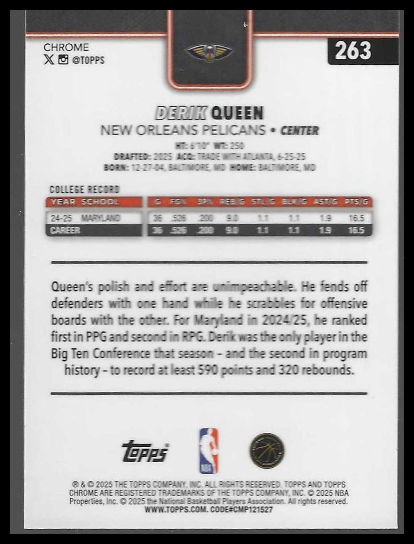 2025-26 Topps Chrome #263 Derik Queen RC