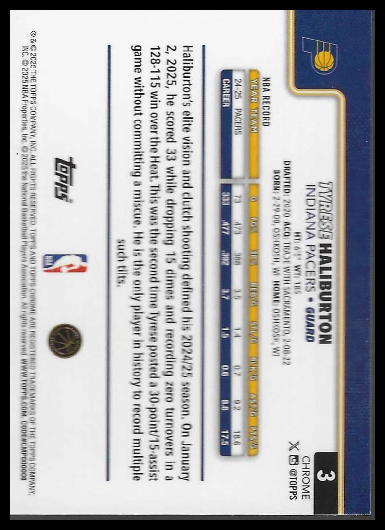 2025-26 Topps Chrome #3 Tyrese Haliburton