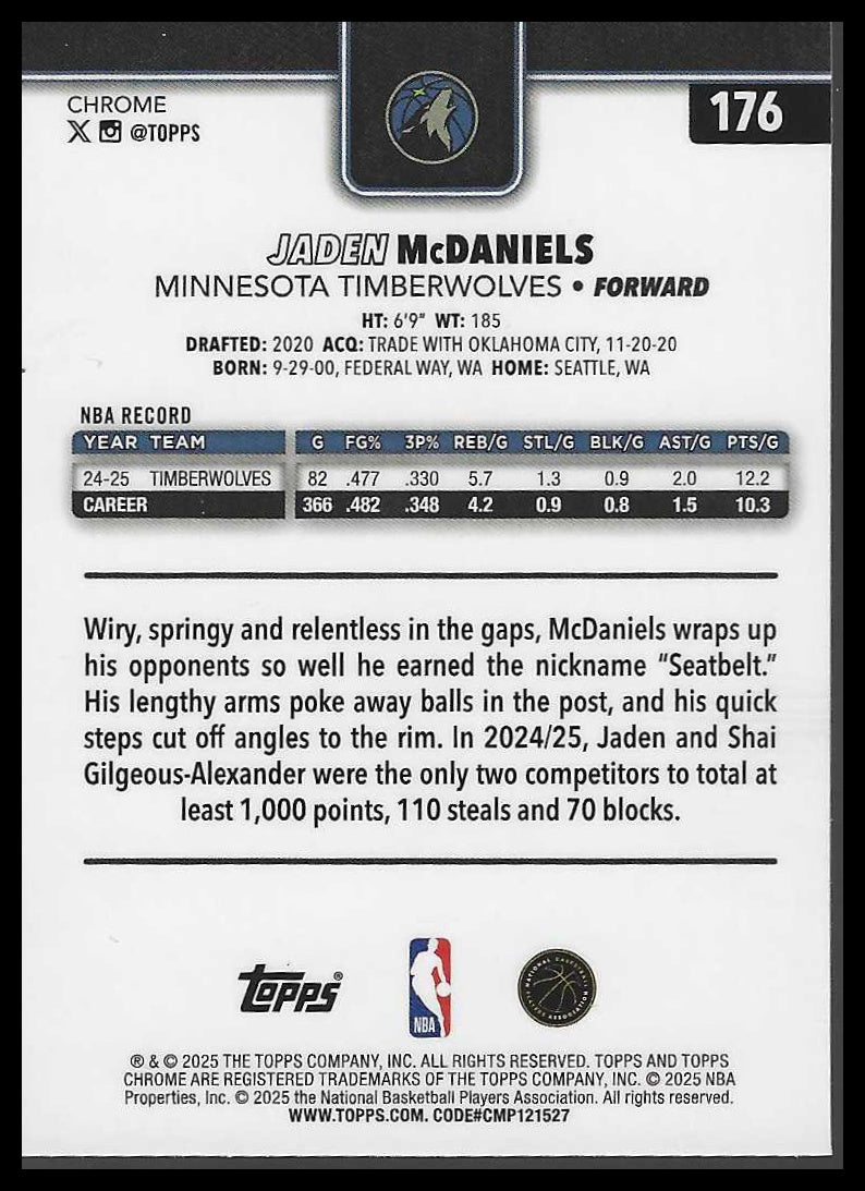 2025-26 Topps Chrome #176 Jaden McDaniels