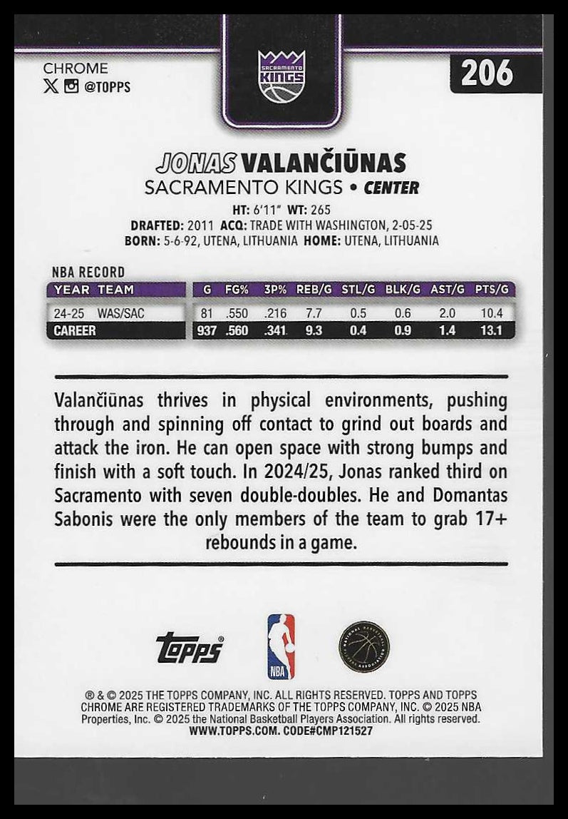 2025-26 Topps Chrome #206 Jonas Valančiūnas