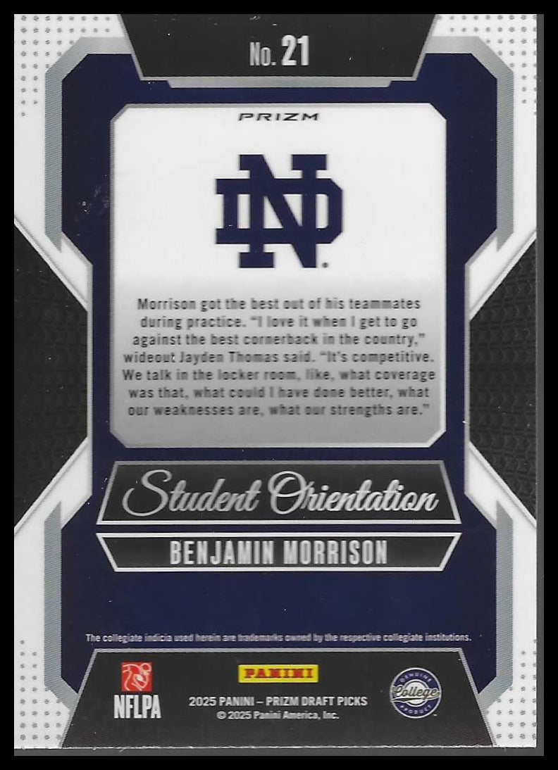 2025 Panini Prizm Draft Picks #21 Benjamin Morrison Student Orientation Gold Ice