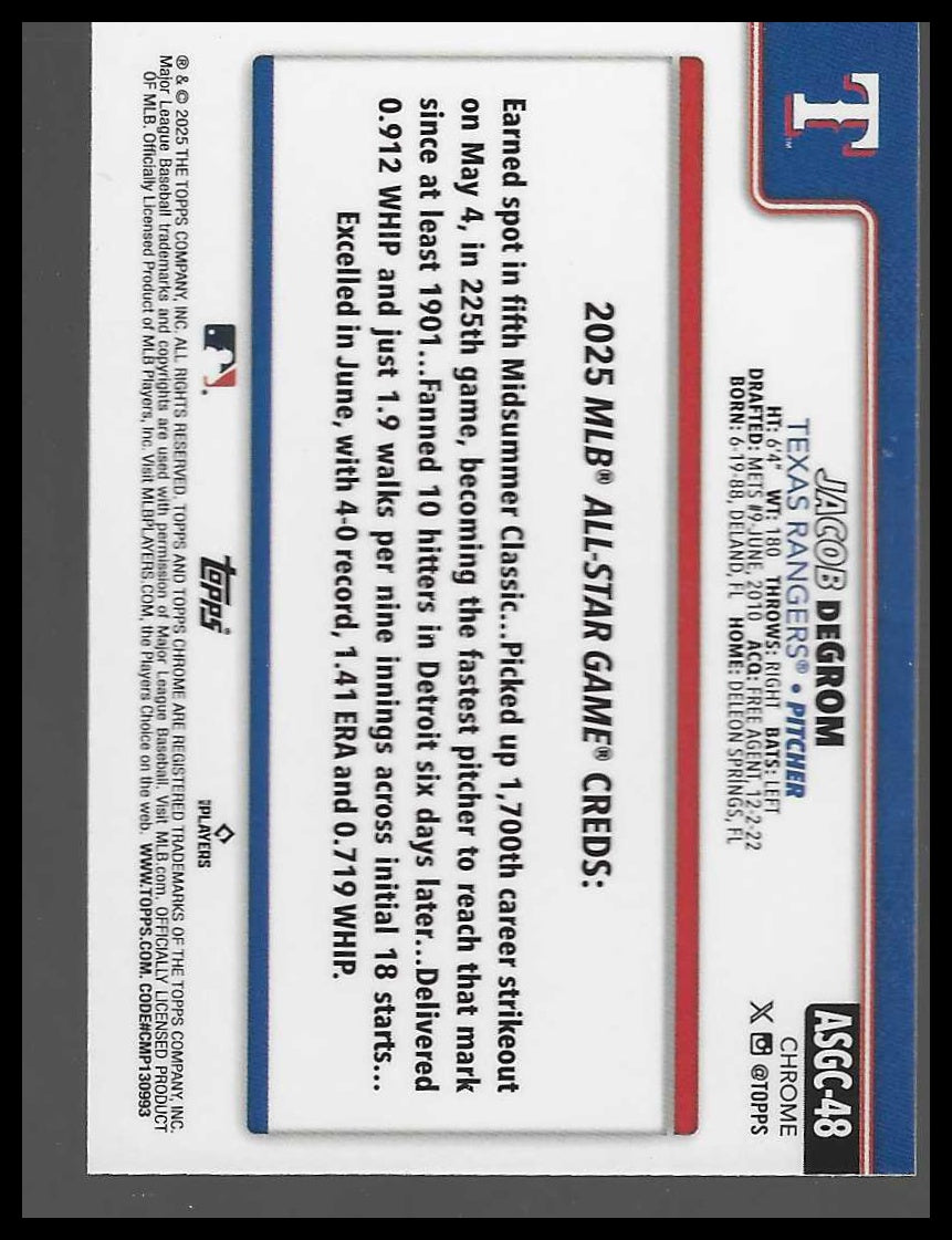 2025 Topps Chrome Update #ASGC-48 Jacob deGrom 2025 All-Star Game Refractor