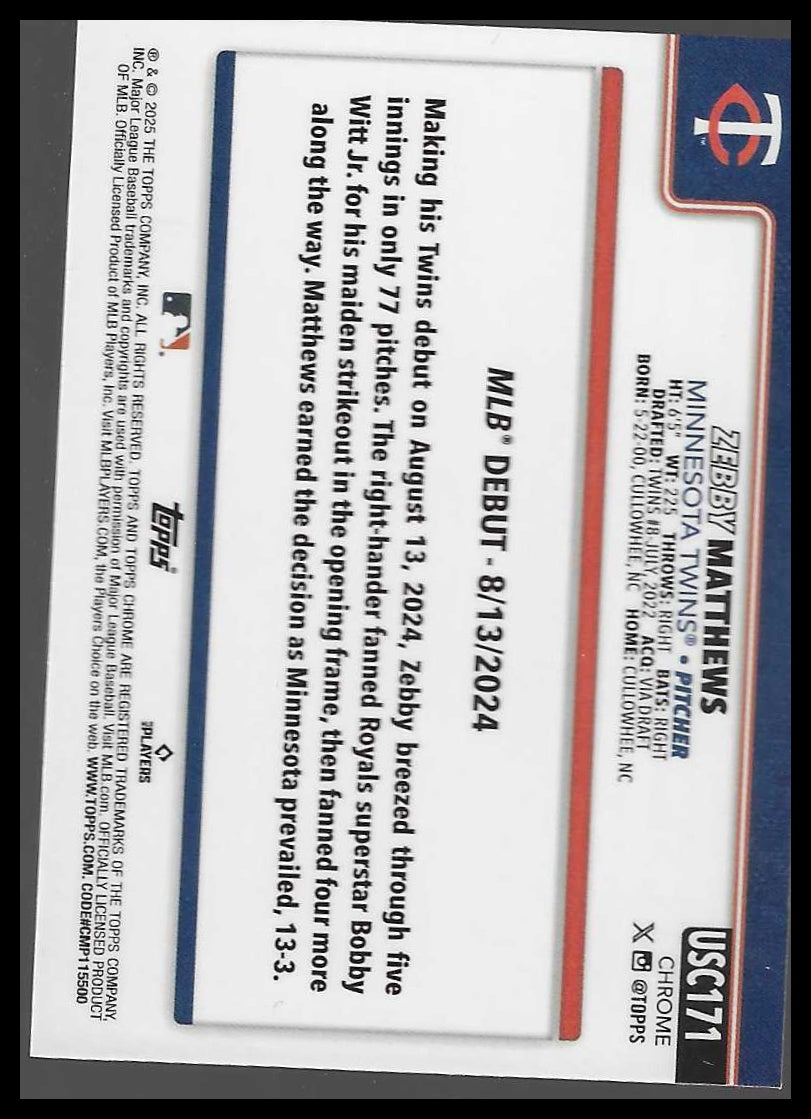 2025 Topps Chrome Update #USC171 Zebby Matthews RayWave Refractor