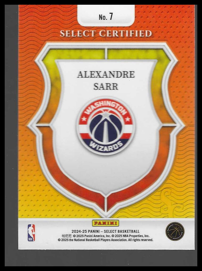 2024-25 Panini Select #7 Alexandre Sarr Select Certified