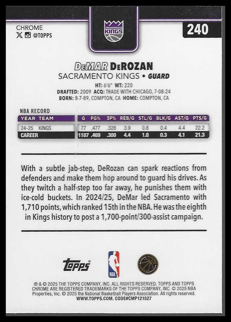 2025-26 Topps Chrome #240 DeMar DeRozan Pulsar Refractor