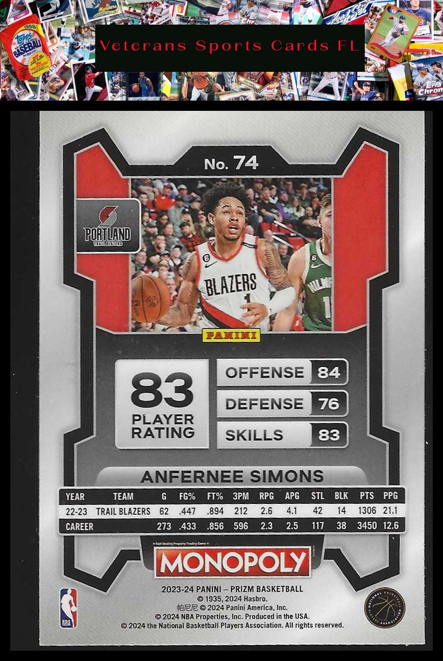 2023-24 Panini Prizm Monopoly #74 Anfernee Simons