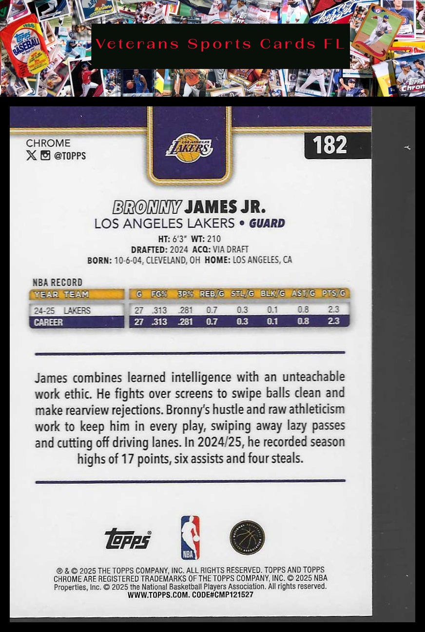 2025-26 Topps Chrome #182 Bronny James Jr. Pulsar Refractor