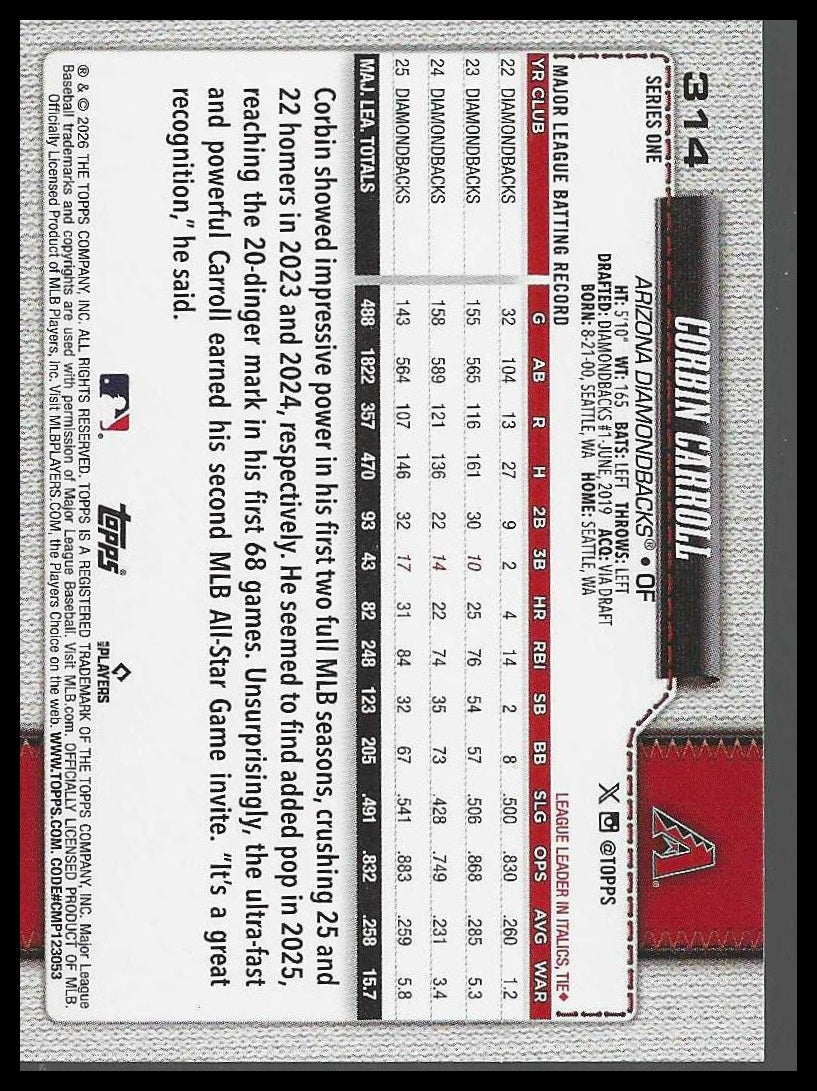 2026 Topps #314 Corbin Carroll Spring Training Arizona Diamondbacks