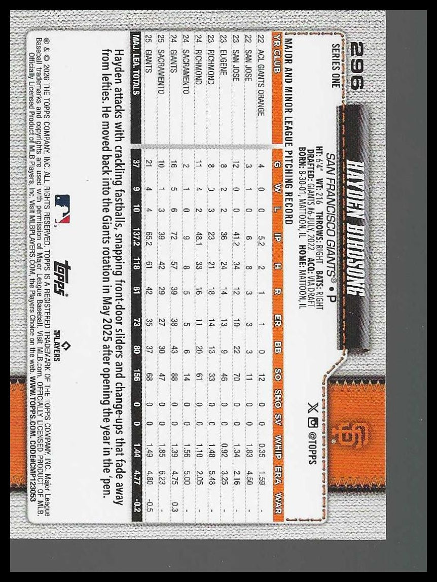 2026 Topps #296 Hayden Birdsong Future Star San Francisco Giants