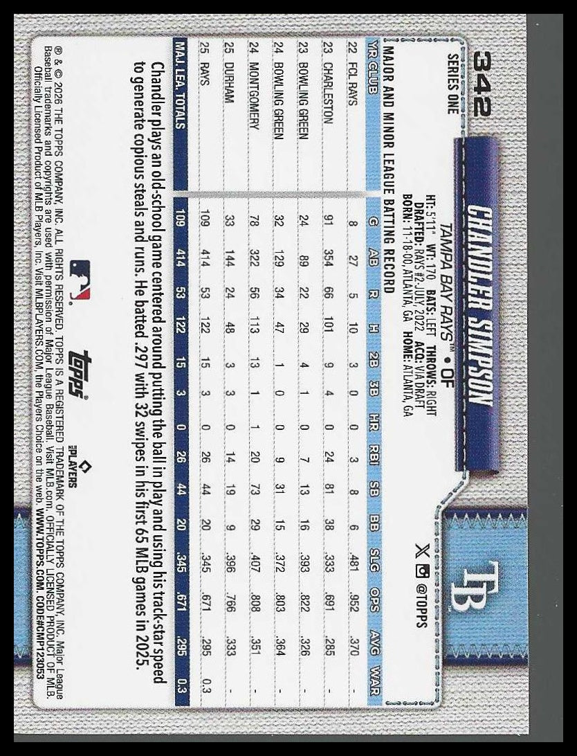 2026 Topps #342 Chandler Simpson Future Stars Tampa Bay Rays