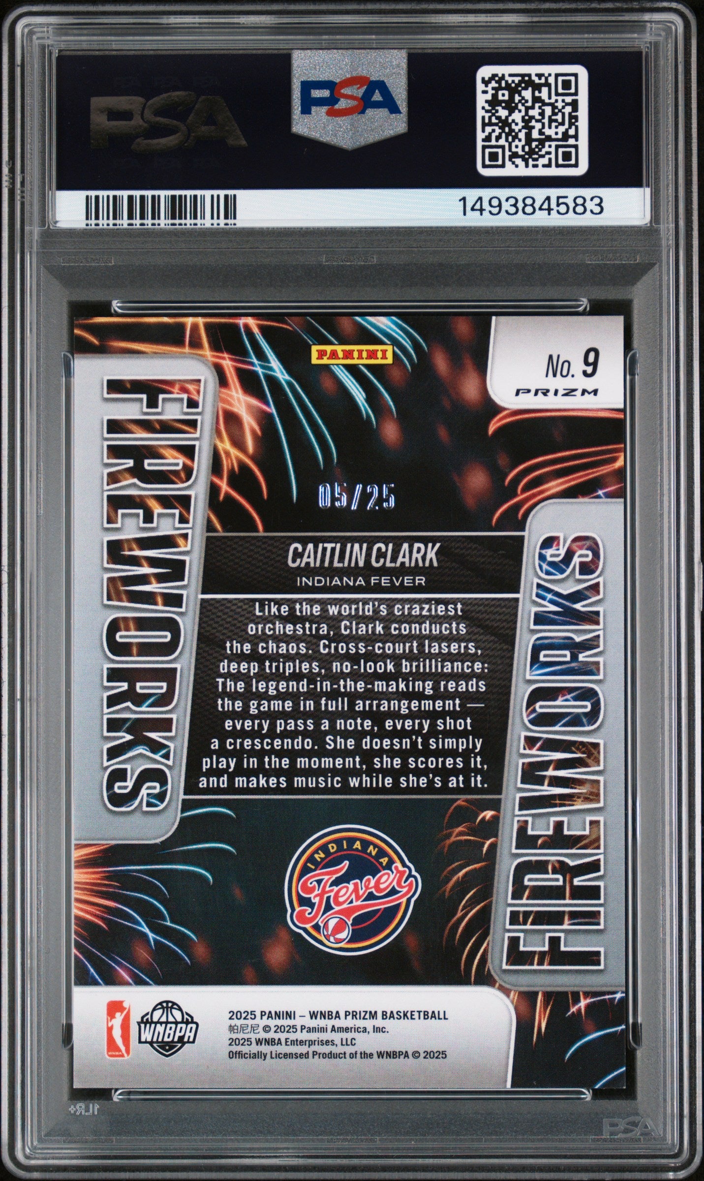 2025 Panini Prizm Fireworks #9 Caitlin Clark Fireworks Green Pulsar #05/25 PSA 9