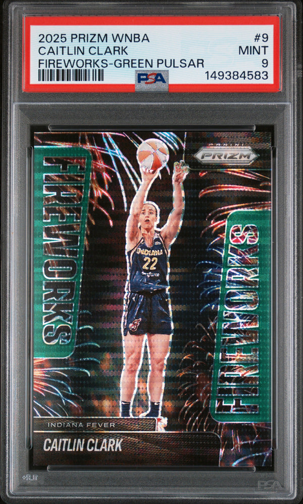 2025 Panini Prizm Fireworks #9 Caitlin Clark Fireworks Green Pulsar #05/25 PSA 9