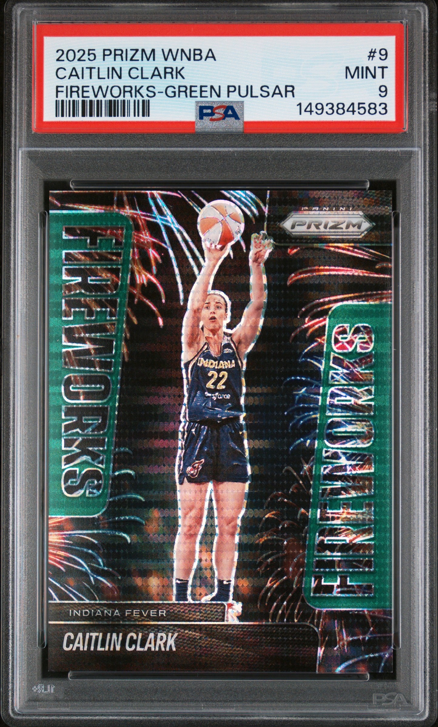 2025 Panini Prizm Fireworks #9 Caitlin Clark Fireworks Green Pulsar #05/25 PSA 9