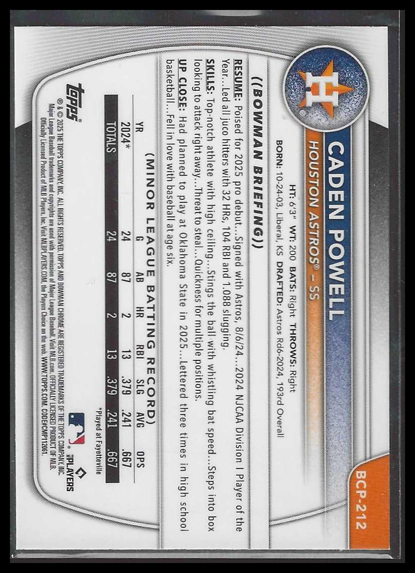 2025 Bowman Chrome #BCP-212 Caden Powell Prospects Laser Houston Astros