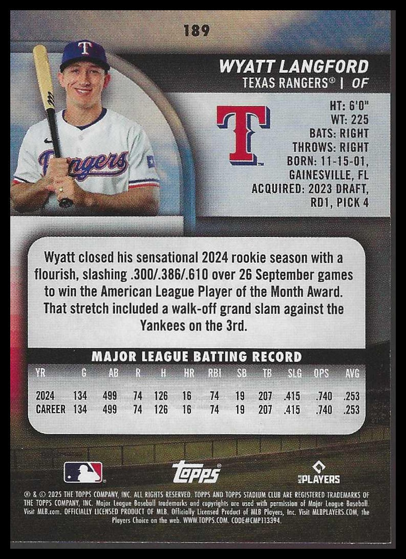 2025 Stadium Club #189 Wyatt Langford Texas Rangers