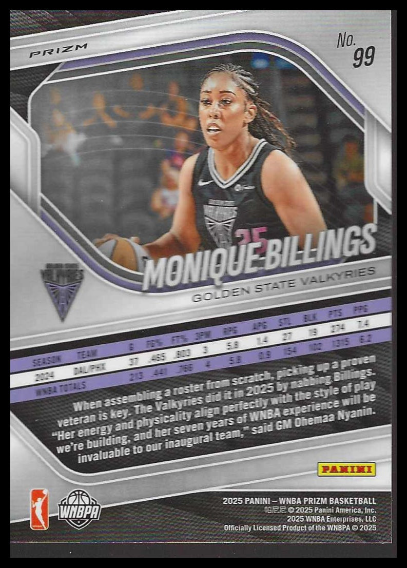2025 Panini Prizm WNBA #99 Monique Billings Silver Prizms Golden State Valkyries
