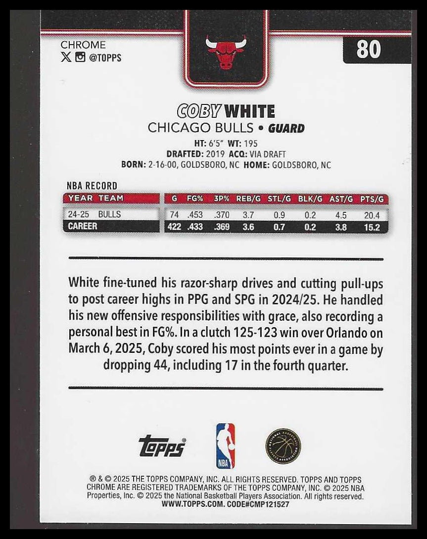 2025-26 Topps Chrome #80 Coby White Red White and Blue Refractor Chicago Bulls
