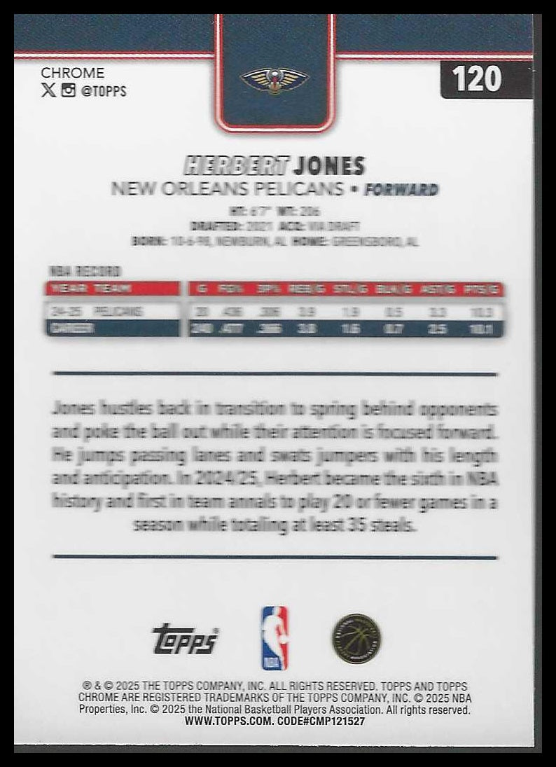 2025-26 Topps Chrome #120 Herbert Jones Basketball Refractor Pelicans