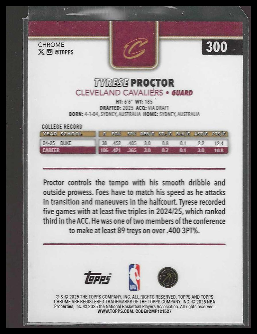2025-26 Topps Chrome #300 Tyrese Proctor Cleveland Cavaliers Rookie