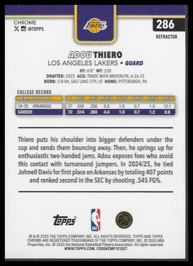 2025-26 Topps Chrome #286 Adou Thiero Refractor Los Angeles Lakers Rookie